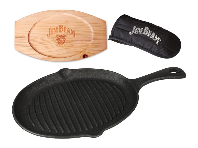 Jim Beam JB0159, Heavy Duty Construction, Pre Seasoned Cast Iron Skillet with Wooden Base and Mitt, Black,Small - Image 5